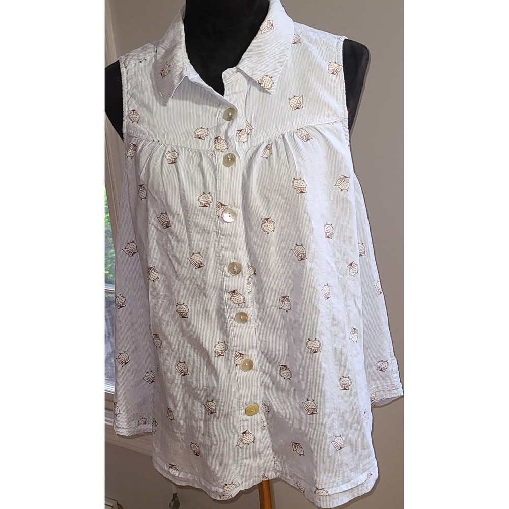 Kori Ladies Top Cotton Poly Blend Sleeveless Owl print button front Blouse